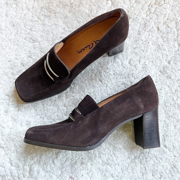 David Aaron Square Toe Brown Suede Silver Hard Wear Block Heeled Loafers Size 10 - Picture 1 of 11
